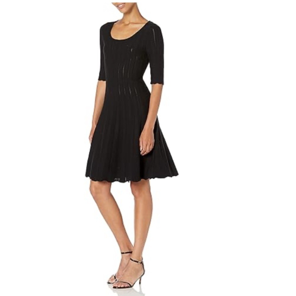 Lark & Ro Sweater Dress Ribbed Pointelle Fit & Flare, Womens Small Black